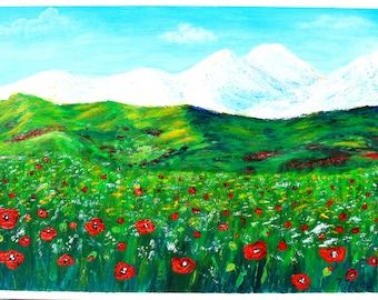 Tuscany Painting Poppy Original Art Mountain Artwork Landscape Wall Art Wild Flower Acrylic on Cardboard 12" by 16" by TetianaTereshArt