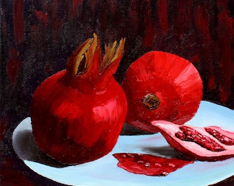 Pomegranate Painting Still Life Original Art Kitchen Artwork Fruit Wall Art Food Oil on Canvas 20" by 20" by TetianaTereshArt