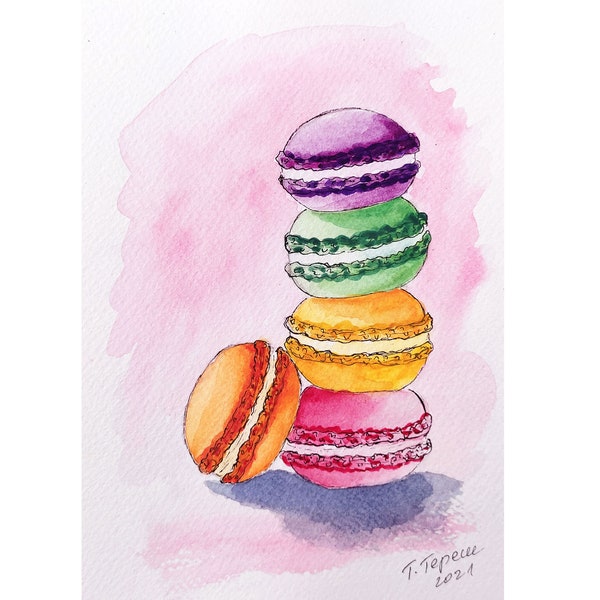 Aquarelle originale de macaron dessert, art culinaire, oeuvre d'art française, art mural de cuisine, 20 x 15 cm (8 po. par 6 po.) esquisse par TetianaTereshArt