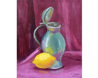 Lemon Painting Still Life Original Art Fruit Artwork Kitchen Wall Art Oil on Canvas 12" by 10" by TetianaTereshArt