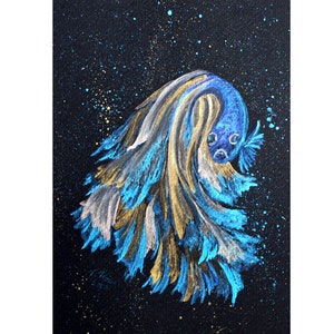 May include: A vibrant painting of a betta fish against a black background. The fish features a flowing tail in shades of blue, gold, and white. Splatters of gold and blue paint add a dynamic effect to the artwork.