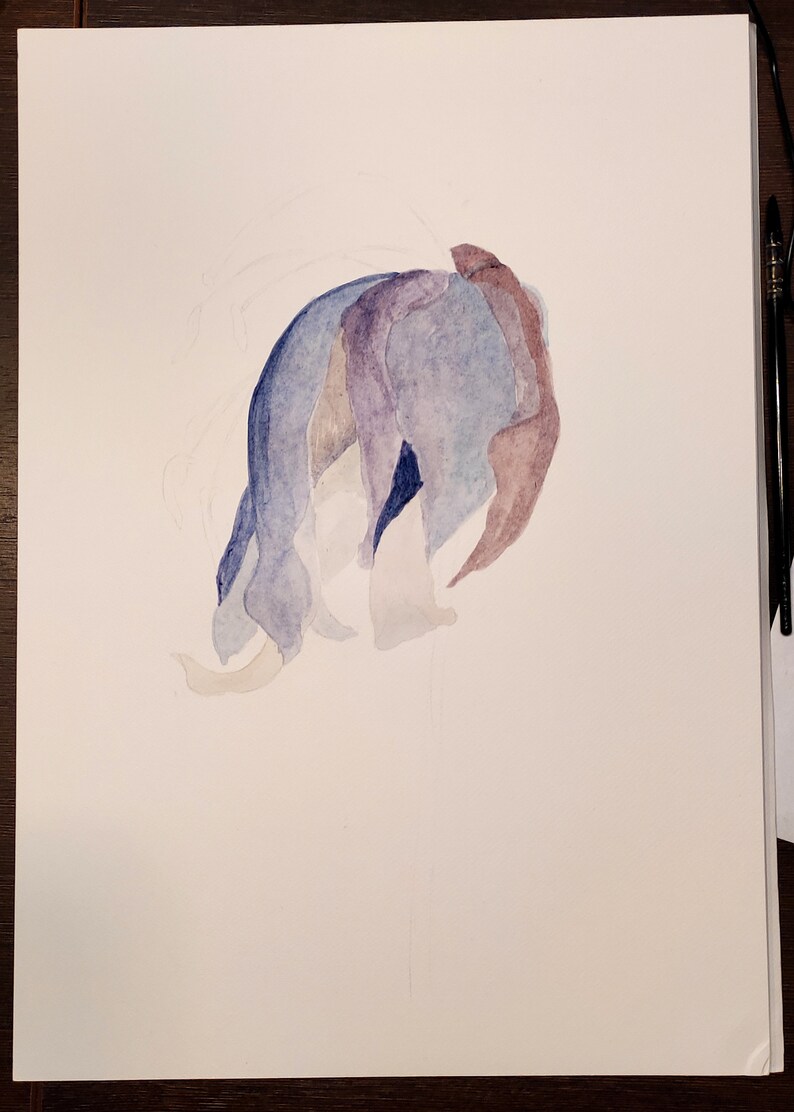 May include: Watercolor painting of a flower in shades of blue, purple, and brown. The petals are layered and create a soft, flowing shape. The artwork is on a white background.