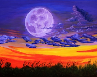 Moon Painting Sky Original Art Night Artwork Cloud Wall Art Landscape Painting Full Moon Print on Stretched Canvas by TetianaTereshArt