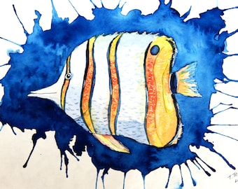 水中の魚。オリジナルアート。キャンバスに油彩。インパスト画
