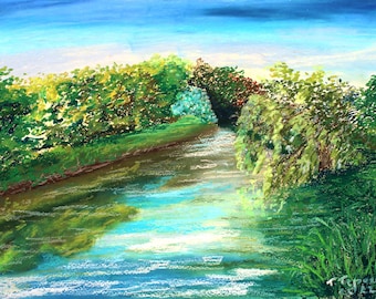 River Painting Tree Original Art Country Artwork Landscape Wall Art Oil Pastel Illustration 10" by 14" by TetianaTereshArt