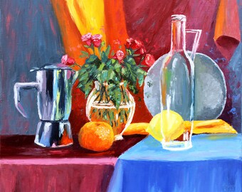 Still Life Painting Rose Original Art Fruit Artwork Kitchen Wall Art Oil on Canvas 20" by 24" by TetianaTereshArt