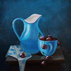Cherry Painting Berry Original Art Kitchen Artwork Still Life Wall Art Oil on Canvas 16&quot; by 16&quot; by TetianaTereshArt