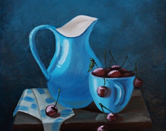 Cherry Painting Berry Original Art Kitchen Artwork Still Life Wall Art Oil on Canvas 16" by 16" by TetianaTereshArt