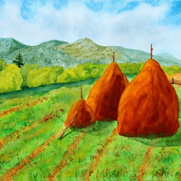 Berg Malerei Karpaten Landschaft Original Aquarell Kunst Baum Kunstwerk Heu Wand Kunst Landschaft Illustration 9 "x 12" von TetianaTereshArt