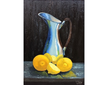 Lemon Painting Fruit Original Art Food Artwork Kitchen Wall Art Still Life Impasto Art  Oil on Canvas 20" by 28" by TetianaTereshArt