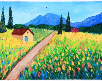 Tuscany Painting Mountain Original Art House Artwork Country  Wall Art Acrylic Painting Landscape Art 12" by 16" by TetianaTereshArt