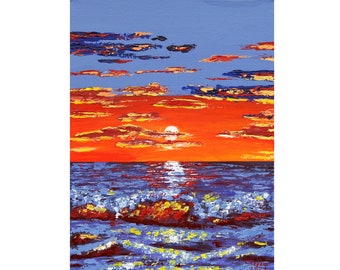 California Painting Sunset Original Art Seascape Artwork Ocean Wall Art Sky Art Nautical Acrylic on Panel 16" by 12" by TetianaTereshArt