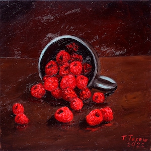 Raspberry Painting Kitchen Original Art Fruit Artwork Still Life Wall Art Berry Oil on Canvas 16&quot; by 16&quot; by TetianaTereshArt