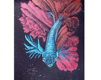 Pintura original de pez betta en acuarela, ilustración metálica, acuarela negra, 30 x 20 cm, de TetianaTereshArt