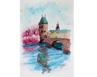 Prague Painting Cityscape Original Watercolor Art Charles Bridge Artwork Boat Shelf Art 12" by 9" Sketching by TetianaTereshArt