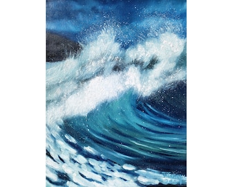 California Painting Wave Original Art Nautical Artwork Seascape Wall Art Ocean Art Storm Oil on Cardboard 12" by 9" by TetianaTereshArt