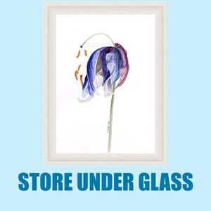 May include: Watercolor painting of a drooping flower in shades of purple, blue, and white, set against a white background. The artwork is framed in a light beige frame. The text "STORE UNDER GLASS" is at the bottom.