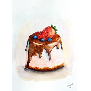 Cake Painting Sweet Original Watercolor Art Dessert Artwork Food Wall Art Kitchen Art 12&quot; by 8&quot; by TetianaTereshArt