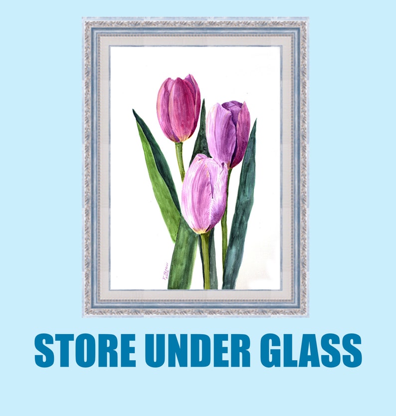 May include: Watercolor painting of three tulips in shades of pink and purple, with green leaves, framed in a silver and blue ornate frame. The text "STORE UNDER GLASS" is displayed below the frame.