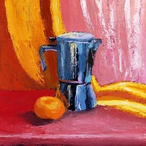 Tangerine Painting Fruit Original Art Still Life Artwork Kitchen Wall Art Coffee Maker Oil on Cardboard 13&quot; by 13&quot; by TetianaTereshArt