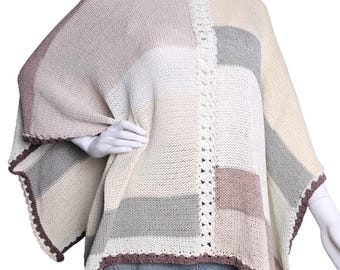 Womens Poncho in Soft Cotton Yarn, Reversible Knit with Crochet Trim