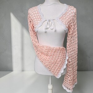 Handmade Crochet Bell Sleeve Front Tie Summer Cardigan, Festival Bohemian Shrug