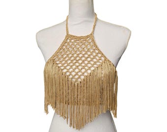 Top halter de ganchillo hecho a mano con flecos, estilo boho festival, hilo acrílico