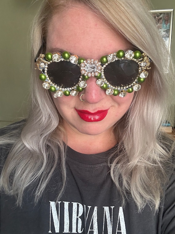 Olive Green Pearl Sunglasses With Vintage Leopard Charms and 
