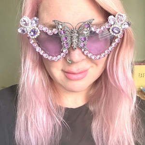 Embellished purple heart sunglasses  with vintage butterfly brooch and diamanté buttons.