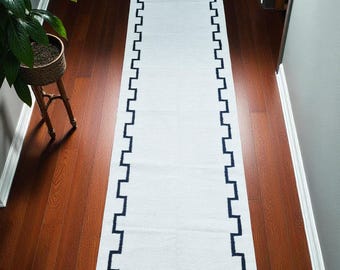 Handwoven Cotton Runner Rug, White Cotton Kilim Runner Rug, Entryway Hallway Kitchen Runner Rug