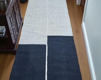 Handwoven Cotton Runner Rug, Black Cotton Kilim Runner Rug, Entryway Hallway Kitchen Runner Rug