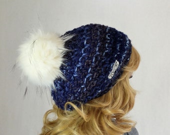 Strick-Mütze mit Kunst-Fell-Bommel blau meliert Beanie Bommelmütze unisex