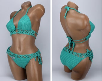 Häkel-Bikini mit Blumenborte türkis Bikini Damen gehäkelt wassertauglich durch Spezialgarn