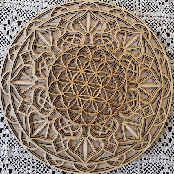 FLOR DE LA VIDA - Mandala circular de geometría sagrada de madera para colgar en la pared