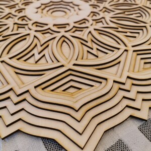 May include: A layered wooden mandala with a complex geometric design. The natural wood tones create a warm aesthetic. The circular artwork features intricate patterns and shapes, perfect for wall decor.