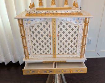 Embossed Hand-Painted Wooden Mandir with LED Lighting; 30 inch high