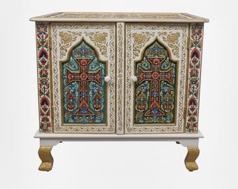 Hand-Painted Mango Wood  Cabinet with Intricate Cross and Floral Design, Unique Artisan Sideboard, Bohemian Home Decor, White & Gold Accent