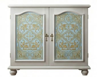 Embossed hand painted religious motif  cabinets in mango wood