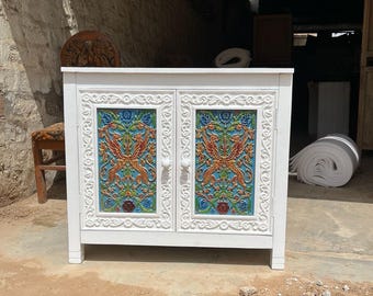 Embossed hand painted religious European motif   cabinets in mango wood
