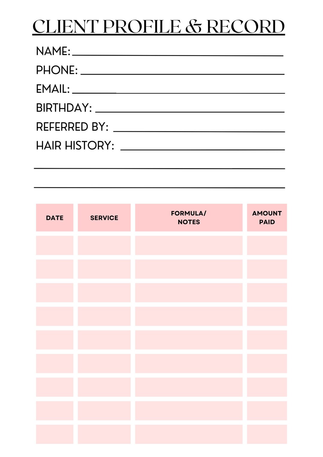 Hair Stylist Client Profile & Record Digital Download/printable Etsy