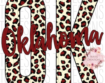 OK Leopard Print Red & Cream PNG File For Sublimation, Oklahoma Sublimation File, DTG Printable File