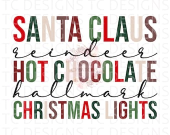 Santa Claus Reindeer Hallmark Hot Chocolate Christmas Lights Distressed Or Clean PNG File for Sublimation, Christmas, December,  DTG