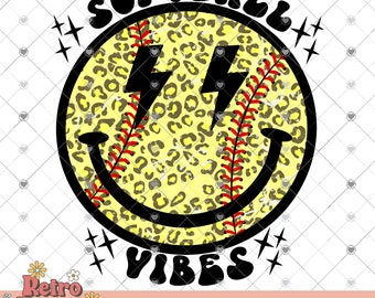 Softball Vibes PNG, Distressed, Leopard Print,  Retro PNG, Softball Sublimation Design, Retro Smiley Face PNG