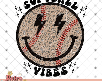 Softball Vibes PNG, Distressed, Leopard Print,  Retro PNG, Softball Sublimation Design, Retro Smiley Face PNG