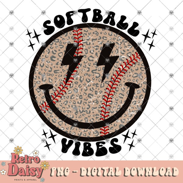 Softball Vibes PNG, Distressed, Leopard Print,  Retro PNG, Softball Sublimation Design, Retro Smiley Face PNG