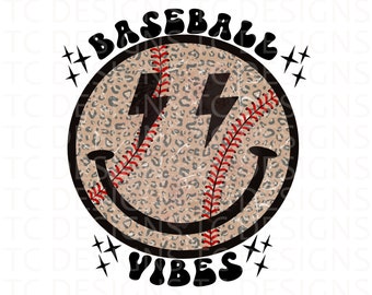 Baseball Vibes PNG, Distressed, Leopard Print,  Retro PNG, Baseball Sublimation Design, Retro Smiley Face PNG