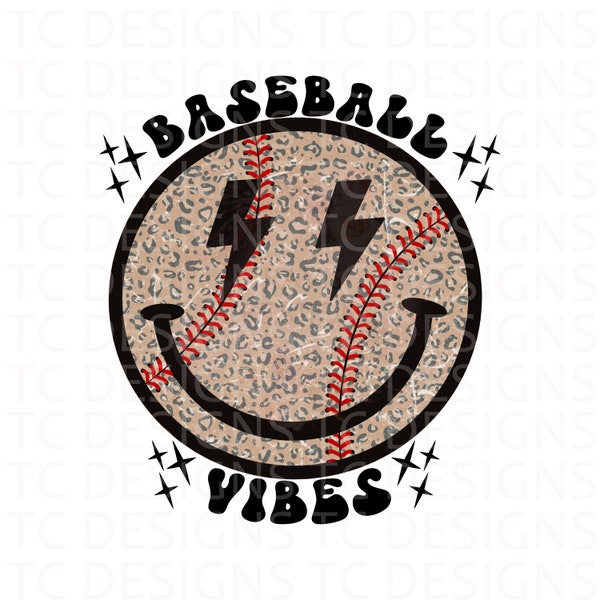Baseball Vibes PNG, Distressed, Leopard Print,  Retro PNG, Baseball Sublimation Design, Retro Smiley Face PNG