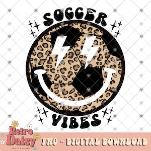 Soccerl Vibes PNG, Distressed, Leopard Print, Retro PNG, Soccer dtf Design, Retro Smiley Face PNG