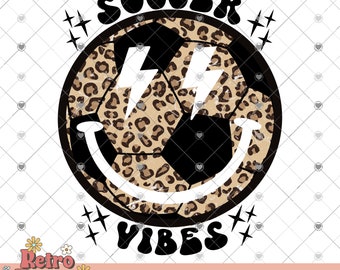 Soccerl Vibes PNG, Distressed, Leopard Print, Retro PNG, Soccer dtf Design, Retro Smiley Face PNG