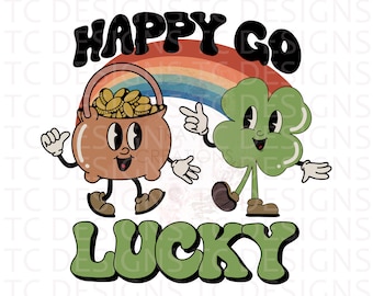 Happy Go Lucky Distressed Or Clean PNG File for Sublimation, St. Patrick's Day PNG, Retro Groovy PNG